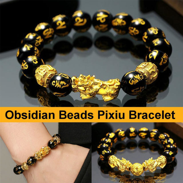 Feng Shui Obisidian Stone Beads Bracelet Men Women Wristband Gold Color Pixiu Black Six Character Proverbs Wealth and Good Luck