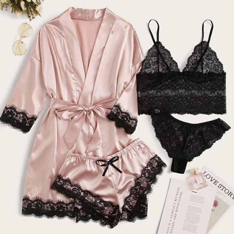 2024 Women's Pajamas Satin The Big Size Long Sleeve Womens Pajamas Lace Lingerie Nightwear Underwear Sleepwear 3PC Suit Pajama Sets Nightgown Underwear Nightdress Suit
