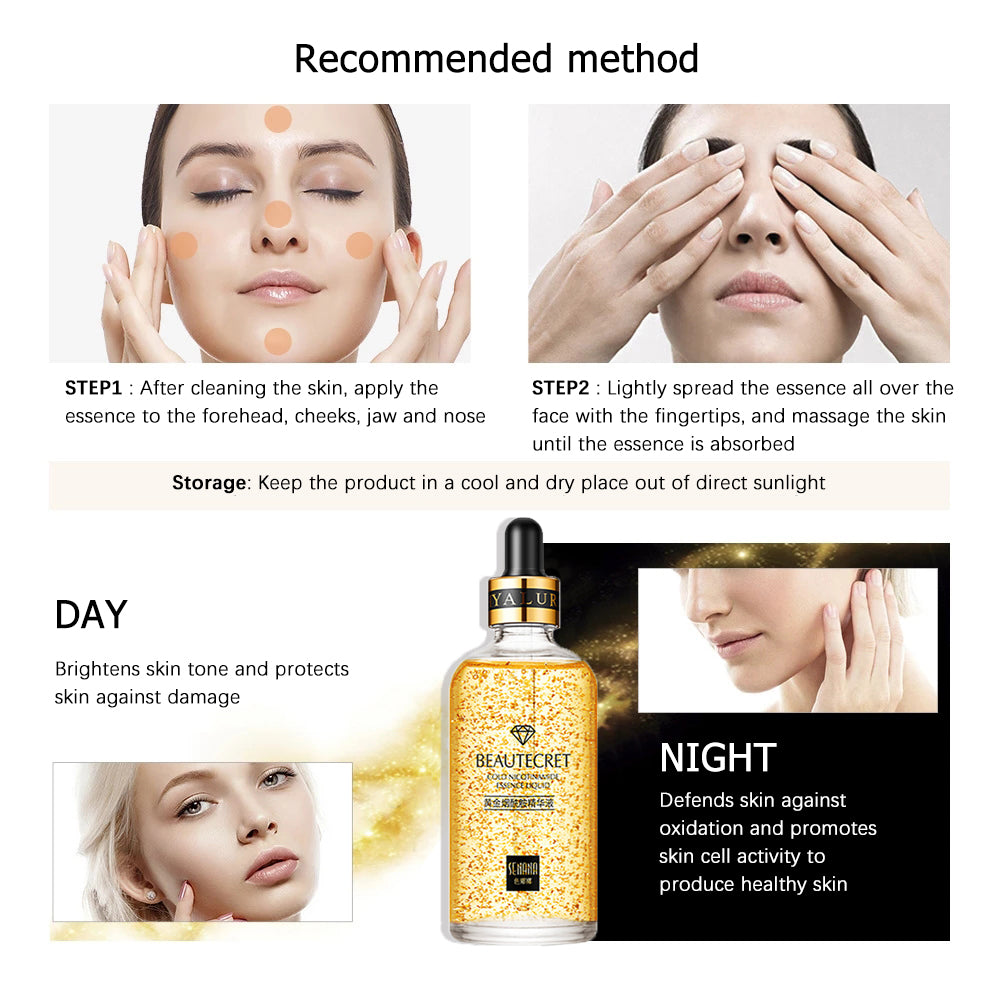 New 24K Gold Niacinamide Face Essence Oil Moisturizing Anti-aging&Wrinkle Hyaluronic Acid Serum Shrinks Pores Repairs Dry Loose Skin