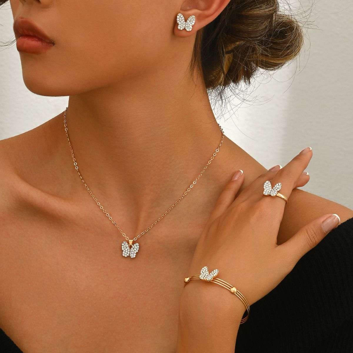 ZHJH Butterfly Jewelry Set for Women Ladies Diamond Love Heart Necklace Ring Bracelet Suit