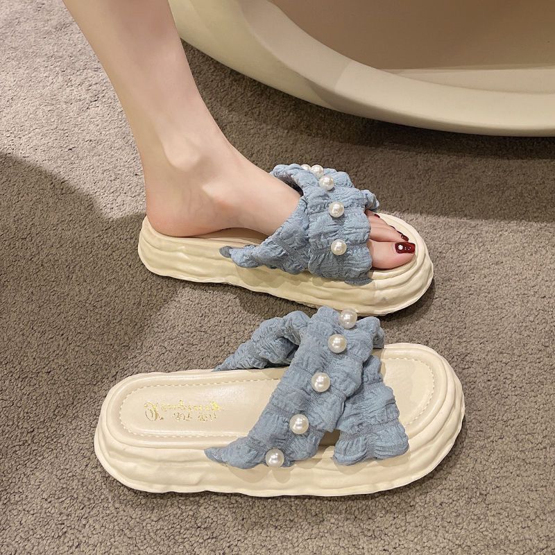 Open Shoes New Fairy Style Platform Dissolved Shoes Seaside Beach Slippers Ins Pearl Sandals Women's Outer Wear Indoor Slippers Blue