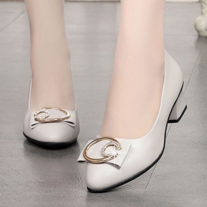 Women's PU artificial leather thick heels shoes girls shallow mouth pointed single heels light fashion high heels Mom work shoes Beige