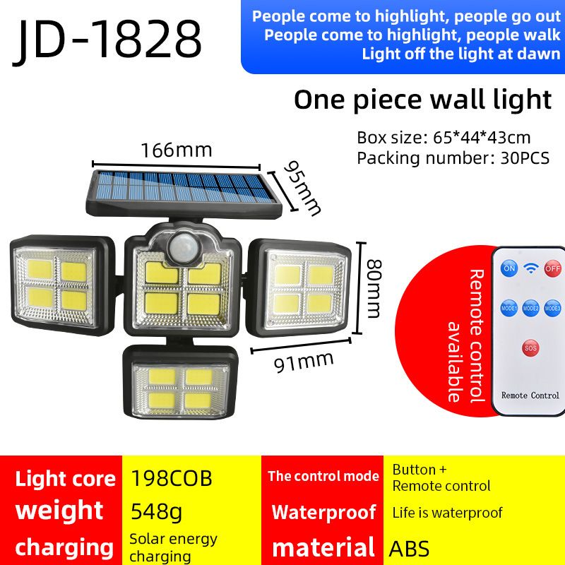 Solar Wall Lamp, 4-Head Solar Power Light, 333 LED Solar Light, Wireless Flood Lights Outdoor，3000 Lumens, 6500K, Motion Sensor, IP65 Waterproof, 270° Lighting Range for Street, Garden, Pathway