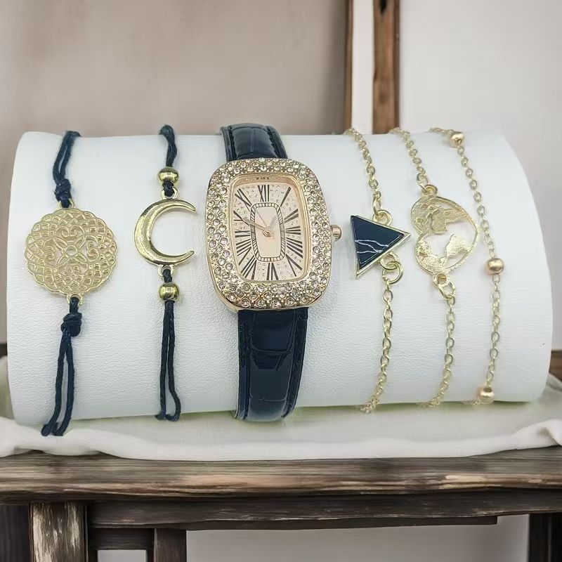 UPHUI 6PCS Women Watch Set Full Diamond Leather Strap Square Watch Women's Watches Luxury Timetable Quartz Fashion Watch Female Wrist Wstch Clock