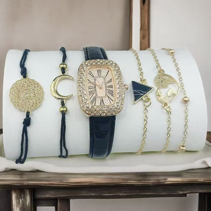 UPHUI 6PCS Women Watch Set Full Diamond Leather Strap Square Watch Women's Watches Luxury Timetable Quartz Fashion Watch Female Wrist Wstch Clock