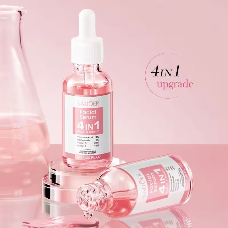SADOER 4 in 1 Facial Serum with Hyaluronic Acid, Nicotinamide, Vitamin C and Vitamin E, High Moisturising and Brighten Skin Tone, Rejuvenates, Whitens Blemishes and Dark Spots