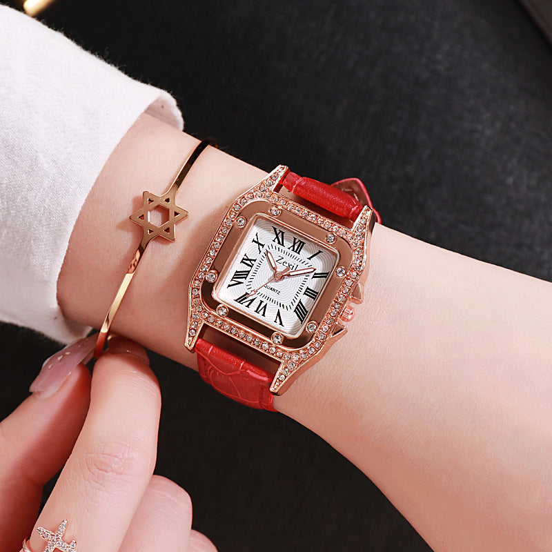Women Diamond Watch Starry Square Dial Bracelet Watches Set Ladies Leather Band Quartz Wristwatch Female Clock Jewelry Gifts With Rhinestone Valentines Gift Couple Watches