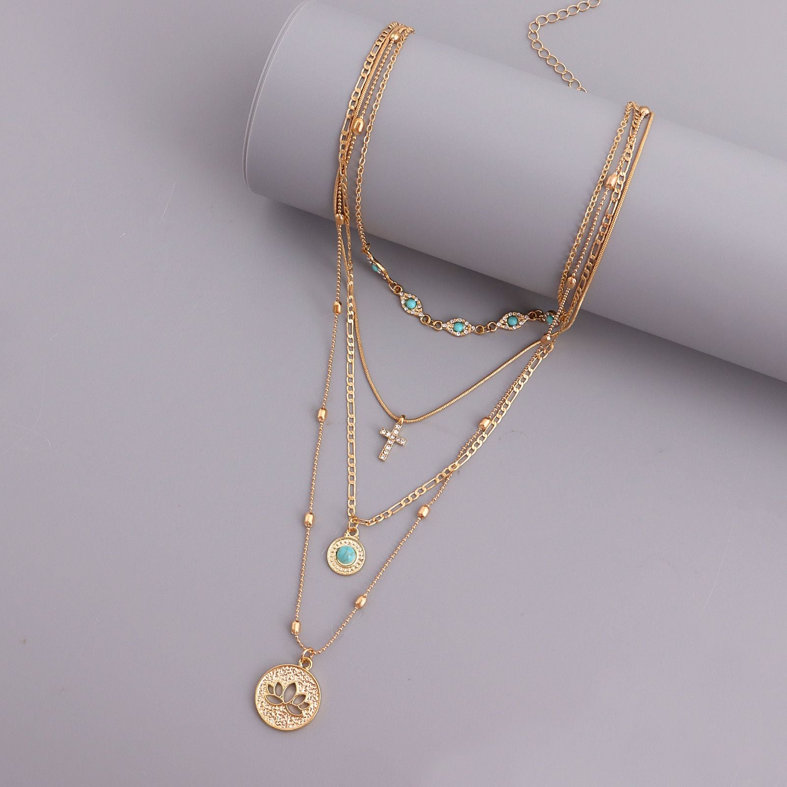 Multi level necklace European and American fashion ins multi-layer small hole chain hollow flower inlaid diamond cross pendant necklace for women