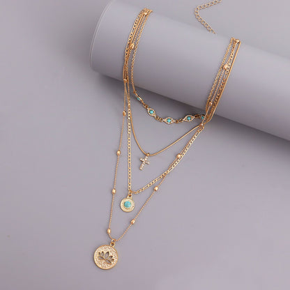 Multi level necklace European and American fashion ins multi-layer small hole chain hollow flower inlaid diamond cross pendant necklace for women