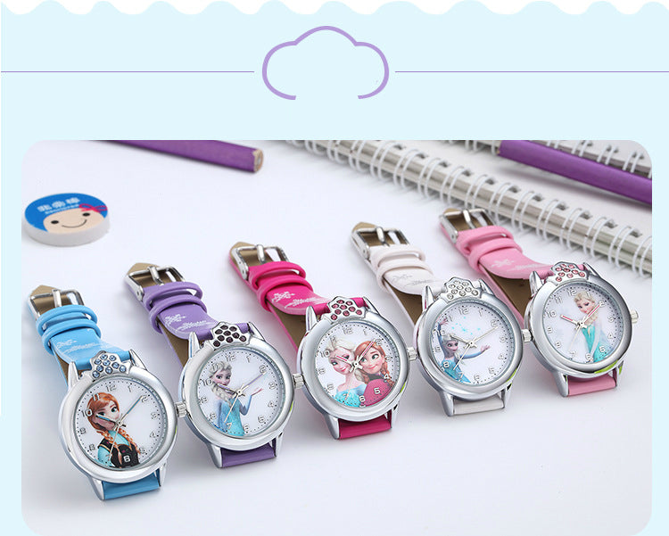 Elsa Watch Girls Elsa Princess Kids Watches Leather Strap Cute Children's Cartoon Wristwatches Gifts for Kids Girl Frozen Clock