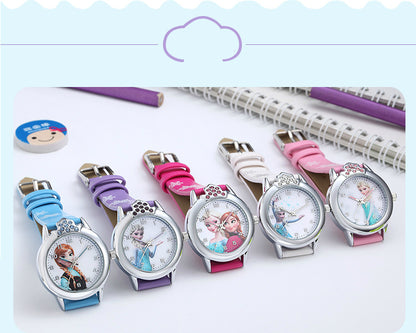 Elsa Watch Girls Elsa Princess Kids Watches Leather Strap Cute Children's Cartoon Wristwatches Gifts for Kids Girl Frozen Clock