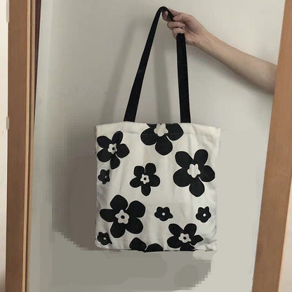 Korean Version of ins Canvas Bag Black and White Hyuna Flower Schoolgirl Fashion Versatile Shoulder Bag Shopping Bag