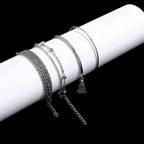 4-piece bracelet sets Simple silver glossy tassel bracelet, personalized multi-layer chain wafer