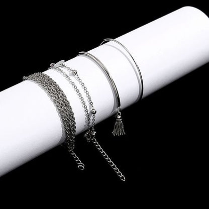 4-piece bracelet sets Simple silver glossy tassel bracelet, personalized multi-layer chain wafer