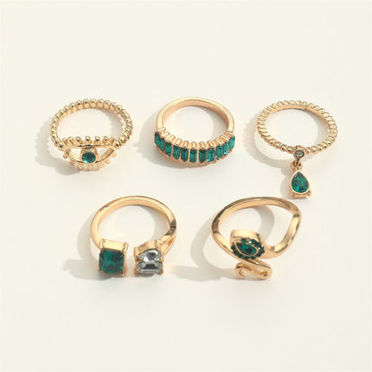 ZHJH 5PCS Rings Set Retro Imitation Gemstone Diamond Serpentine Water Drop Pendant Ring Creative Fashion Joint Ring Alloy Personalized Chain Open Ring Full Diamond Adjustable Any Size