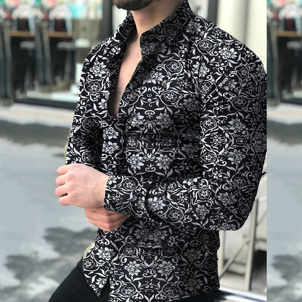 Shirts This Year's Popular Minority Design High-grade Men's Floral Shirt Style Large Stand Collar Long-sleeve Printing