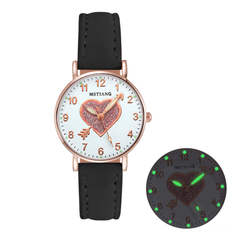Ladies Watches Hearts Quartz Watch Back Light Watch Diamond-studded Luminous Casual Leather Belt Watches Simple Ladies Exquisite Small Dial Quartz Clock Dress Wristwatches Gift For lady