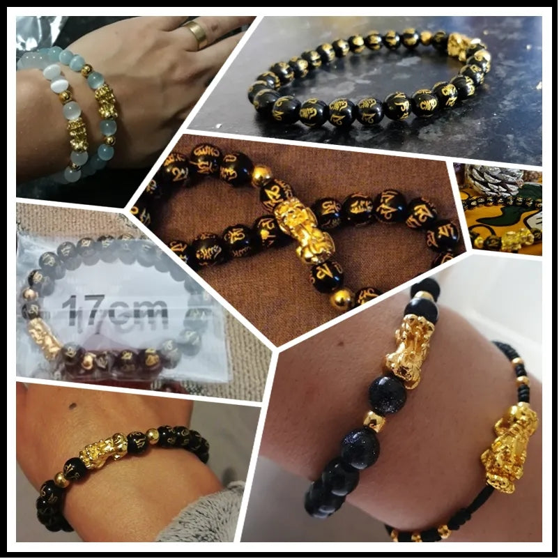 Feng Shui Obisidian Stone Beads Bracelet Men Women Wristband Gold Color Pixiu Black Six Character Proverbs Wealth and Good Luck