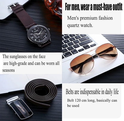 Men Gift Box Set Creative Watches Automatic Buckle Belt Purse Sunglasses Luxury Gifts Set Quartz watch Leather Belt Leather Wallet Creative Holiday Combo Set Christmas Gift Valentines Gifts