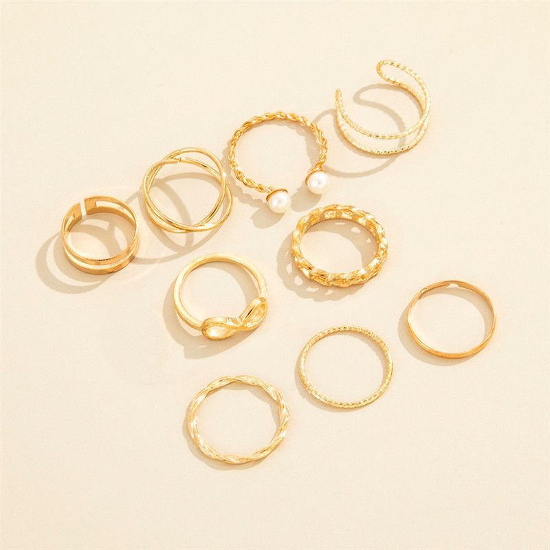 ZHJH 9PCS Ring Set Bohemian Style Inlaid Pearl Joint Ring 8-character Geometric Hollow Design Combination Ring Set Daily Wear Festival Set