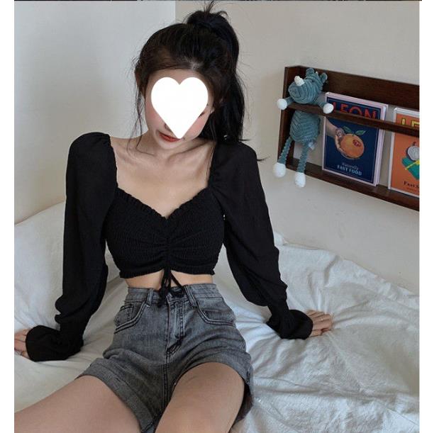 Women Tops And Bloues Sexy Women Long Sleeve Square Neck Shirt Drawstring Off Shoulder Blouse Crop Top