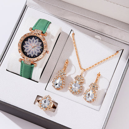Popular Fashion 5 Set Pink Women Watch Ring Necklace Earrings Bracelet Set Watches Luxury Crystal Butterfly Leather Strap Ladies Quartz WristWatch (With Box)
