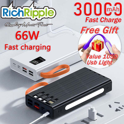 RichRipple New Power Banks Built-in Cable Mobile Power Bank Supply 30000 mAh Outdoor Emergency Mobile Phone Backup Power Supply