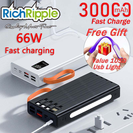 RichRipple New Power Banks Built-in Cable Mobile Power Bank Supply 30000 mAh Outdoor Emergency Mobile Phone Backup Power Supply