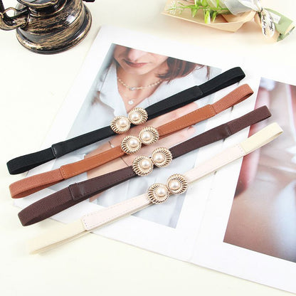 2pcs Pearl Buckle Belt New style women's belts women's elastic belts fashionable elastic pearl button coat dress versatile accessories