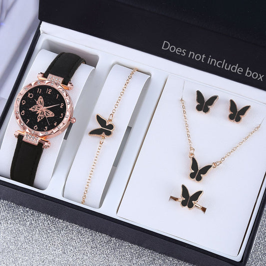 6PCS Women's Watch Earrings Rings Necklace Bracelet Set Ladies' Butterfly Jewelry Set Women's Wristwatch Leather Strap Quartz Watch Ladies' Butterfly Watch Set