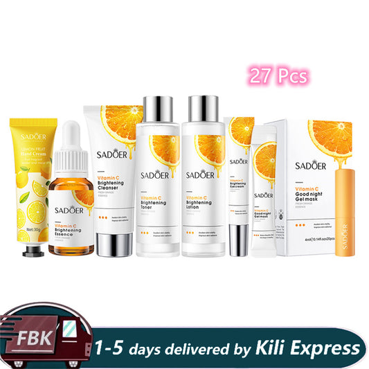 SADOER 27Pcs Skin Care Set Vitamin C Face Cleansers + Moisturizing lotion + Face Essence +Face Toner Tone+Eye Cream +20Pcs Masks +Lipstick + Hand Cream Gift set