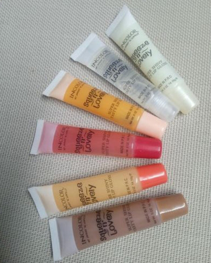 6 PCs Squeeze N Lovely / Shine Lip Gloss , Clear to Colored Tasty and Super Shiny Lipgloss - Miss Look