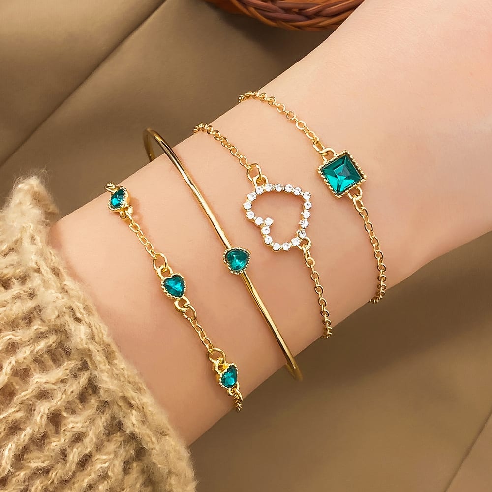ZHJH 4PCS Women's Gold Bracelet Set Punk Layered Stackable Gold Bracelet With Open Cuffs Wrapped Bracelet Chain Ankle Chain Suitable Emerald inlaid with diamonds For Girls' Fashion Jewelry