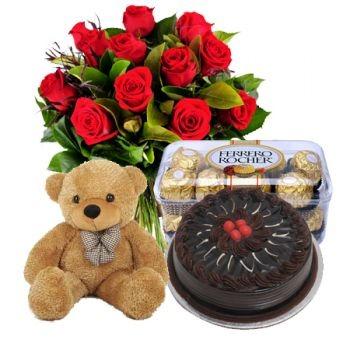 Red roses bouquet, 1kg cake, chocolate and teddy bear