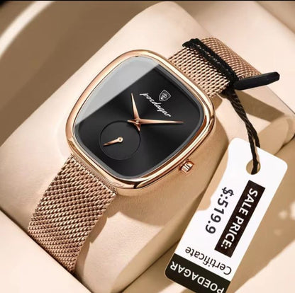 POEDEGER Design Women’s Luxury Blue Dial Rose-Gold Mesh Watch – Minimalist Square Case, Quartz Movement, Stainless-Steel Milanese Strap, Small Seconds Sub-Dial, Gift Box, Elegant Dress Wristwatch