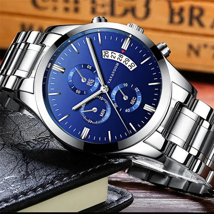 Men Watch Date Stainless Steel Watch Luxury Calendar Quartz Wrist Watch Business Watches for Man Clock Valentines Gift Fashion Mens Watches With keyring Free Gift