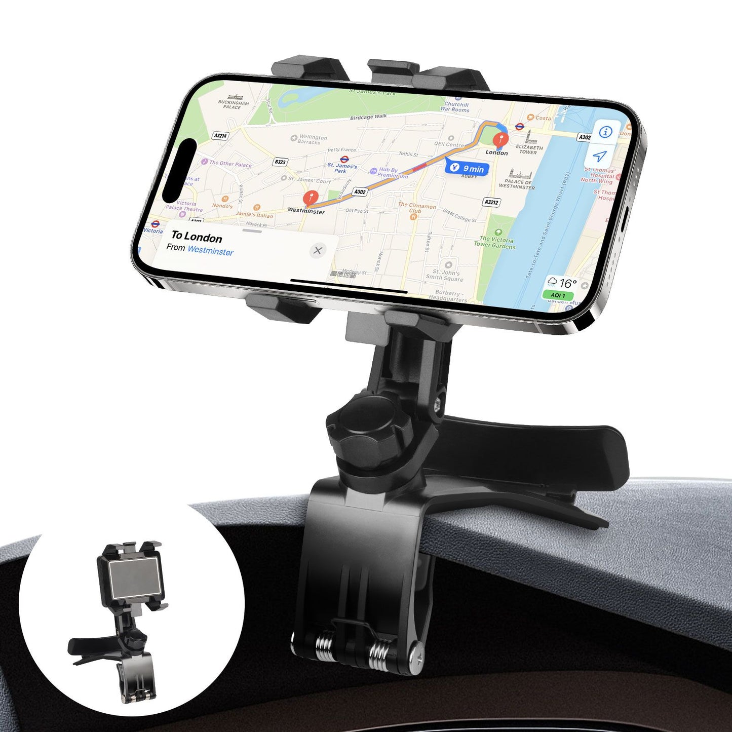 Car Phone Holder, 360 Degree Rotating Dashboard Car Phone Mount with Adjustable Spring Clip for 4-7in Smartphones