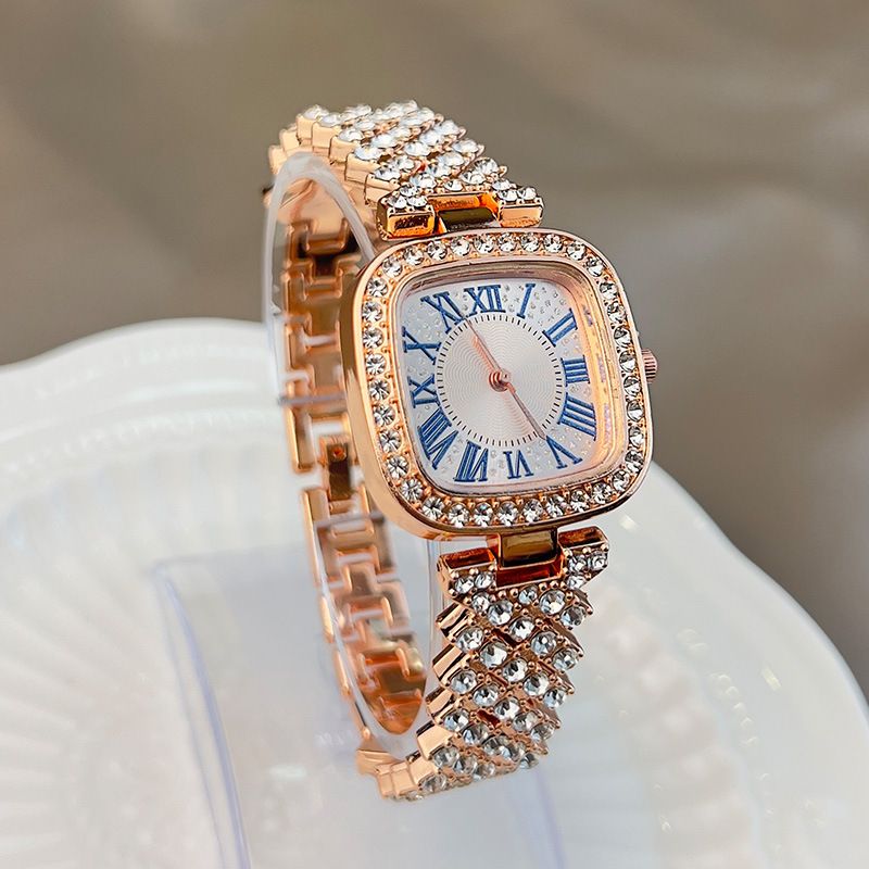 Ladies' quartz watch with starry sky and diamond inlay, ladies' small square watch with fashionable temperament, full diamond square bracelet, quartz women's watch