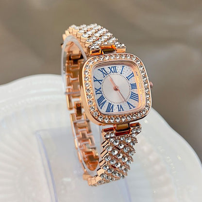 Ladies' quartz watch with starry sky and diamond inlay, ladies' small square watch with fashionable temperament, full diamond square bracelet, quartz women's watch