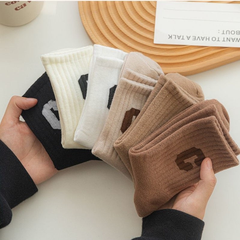 5 Pairs Of Socks Cotton Stockings Bling Ladies Trend All-fit Mid-tube Socks Autumn Winter Vertical Bar Letter Kinematic Growth Socks