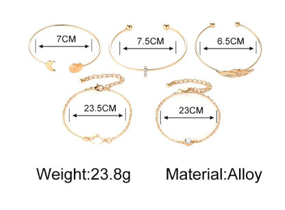 Fashion Lady Alloy Leaf Moon Open Bangle Bracelet Combination Jewellery MMSHOP Amazon Hot Sale 5 Pieces / set Gold as picture
