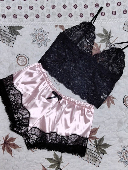 Women Lace Sexy Pajamas Nightclothes Black PINK L XL XXL V Neck Low Cut Lace Top And Ice Silky Shorts