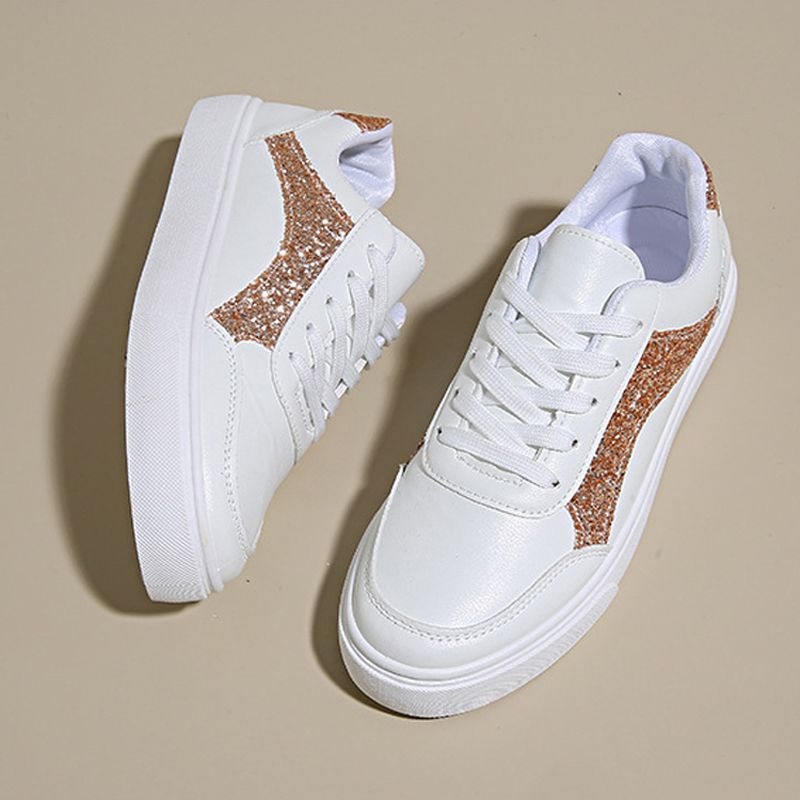 Size 38-41 Women's PU artificial leather white shoes ladies fashion sports athletic students running sneakers girls flat casual lace-up board shoes white +golden