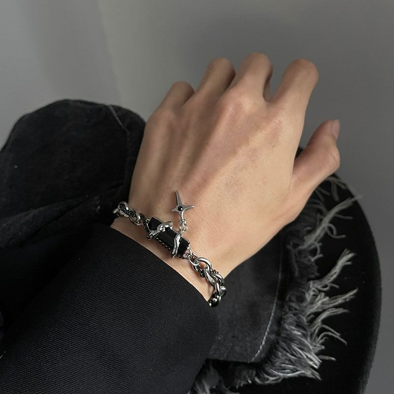Star winding black diamond bracelet men's titanium steel design new versatile and non fading accessory bracelet