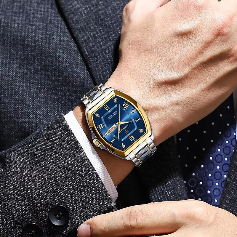 POEDAGAR Luxury Stainless Steel Watches for Man Luminous Waterproof Date Week Men Watch Tonneau Case Men's Quartz Watches