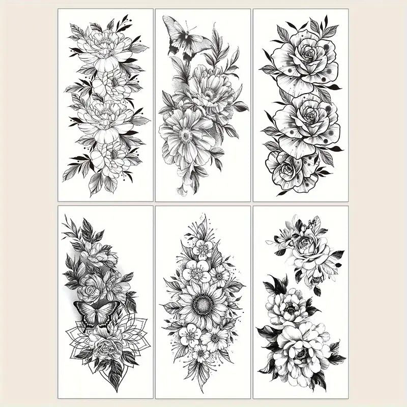 6 Pcs Waterproof Black Flower Pattern Body Tattoo Stickers - Durable, Long-Lasting for 3-5 Days, Suitable for Men and Women on Arm, Chest, Tummy, Back
