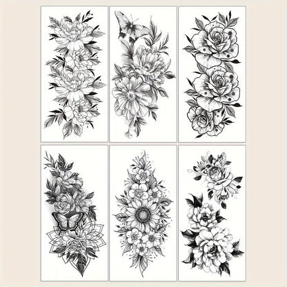 6 Pcs Waterproof Black Flower Pattern Body Tattoo Stickers - Durable, Long-Lasting for 3-5 Days, Suitable for Men and Women on Arm, Chest, Tummy, Back