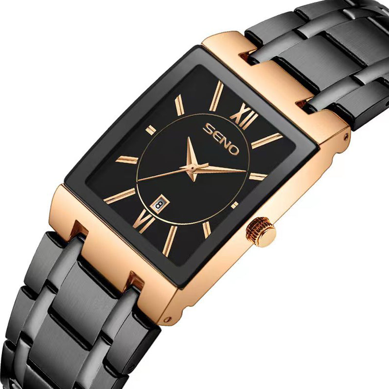 SENO Luxury Gold Full Steel Watches Mens Square Quartz Calendar WristWatch For Men Sport Waterproof