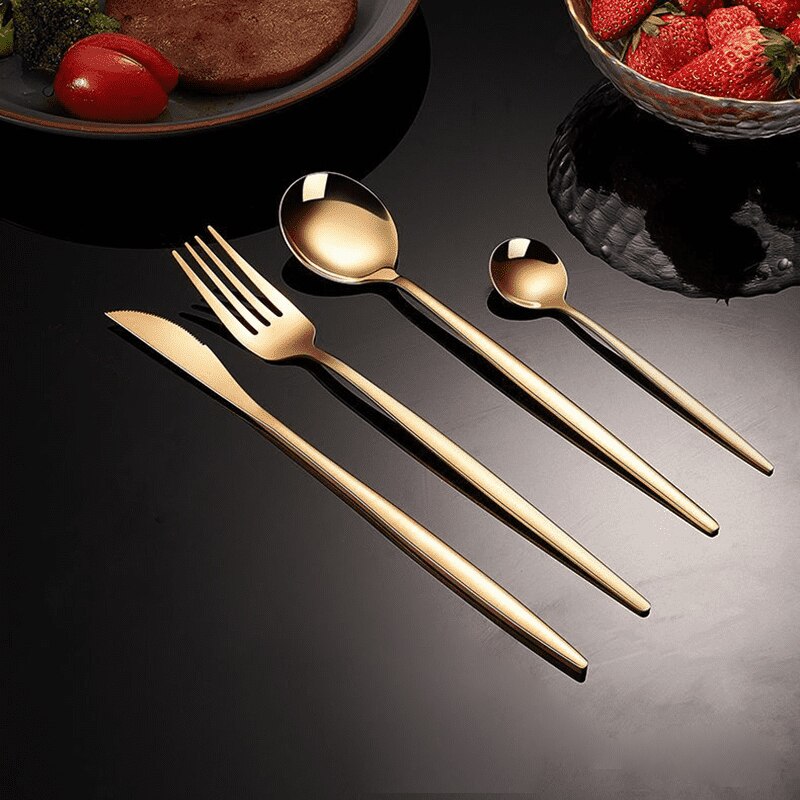 24pcs Gold Dinnerware Set Stainless Steel Steak Knife Fork Coffee Spoon Teaspoon Flatware Sets Dishwasher Safe Kitchen Tablewar