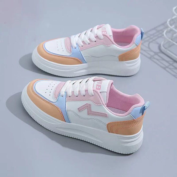 Size 37-40 women's PU artificial leather shoes students white shoes athletic flat fashion casual sports shoes ladies running shoes girls board shoes white + pink